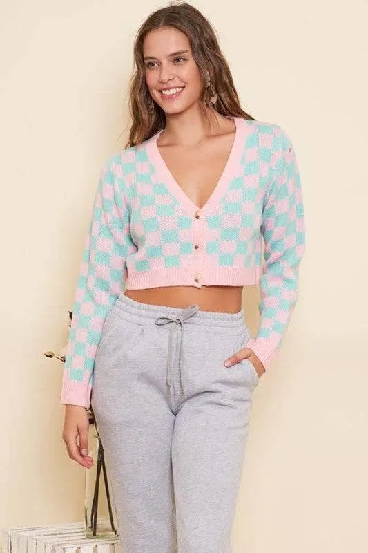 Disco Button Up Cropped Checkered Sweater