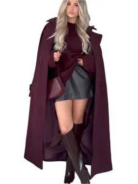 Elegant Burgundy Double-Breasted Coat – Women's Long Sleeve Fall/Winter Office Outerwear