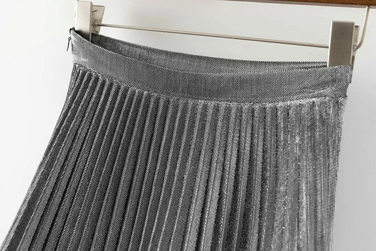 Elegant Summer Long Pleated Metallic Color Skirt