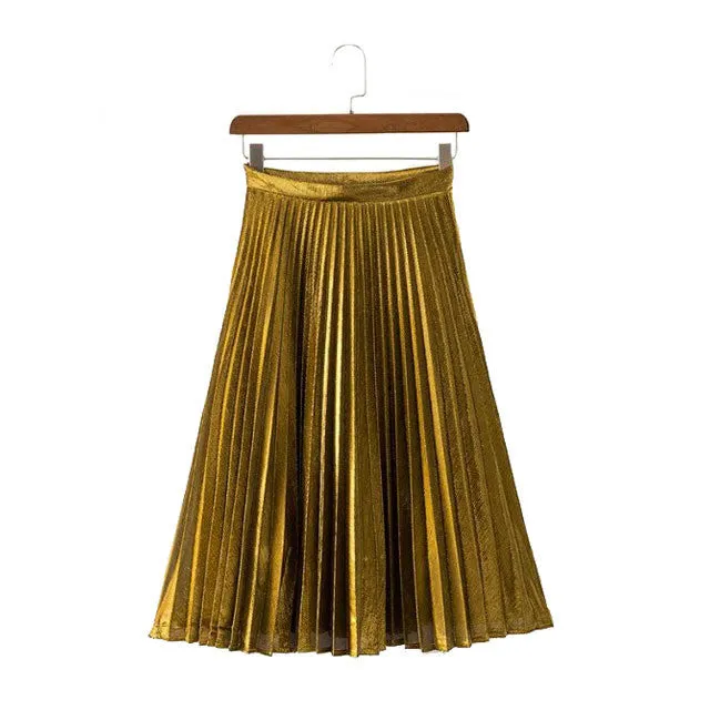 Elegant Summer Long Pleated Metallic Color Skirt