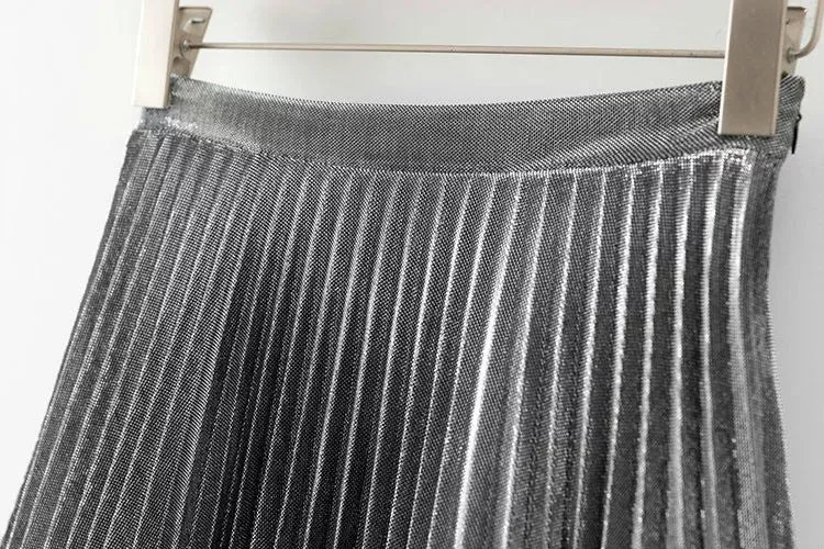 Elegant Summer Long Pleated Metallic Color Skirt