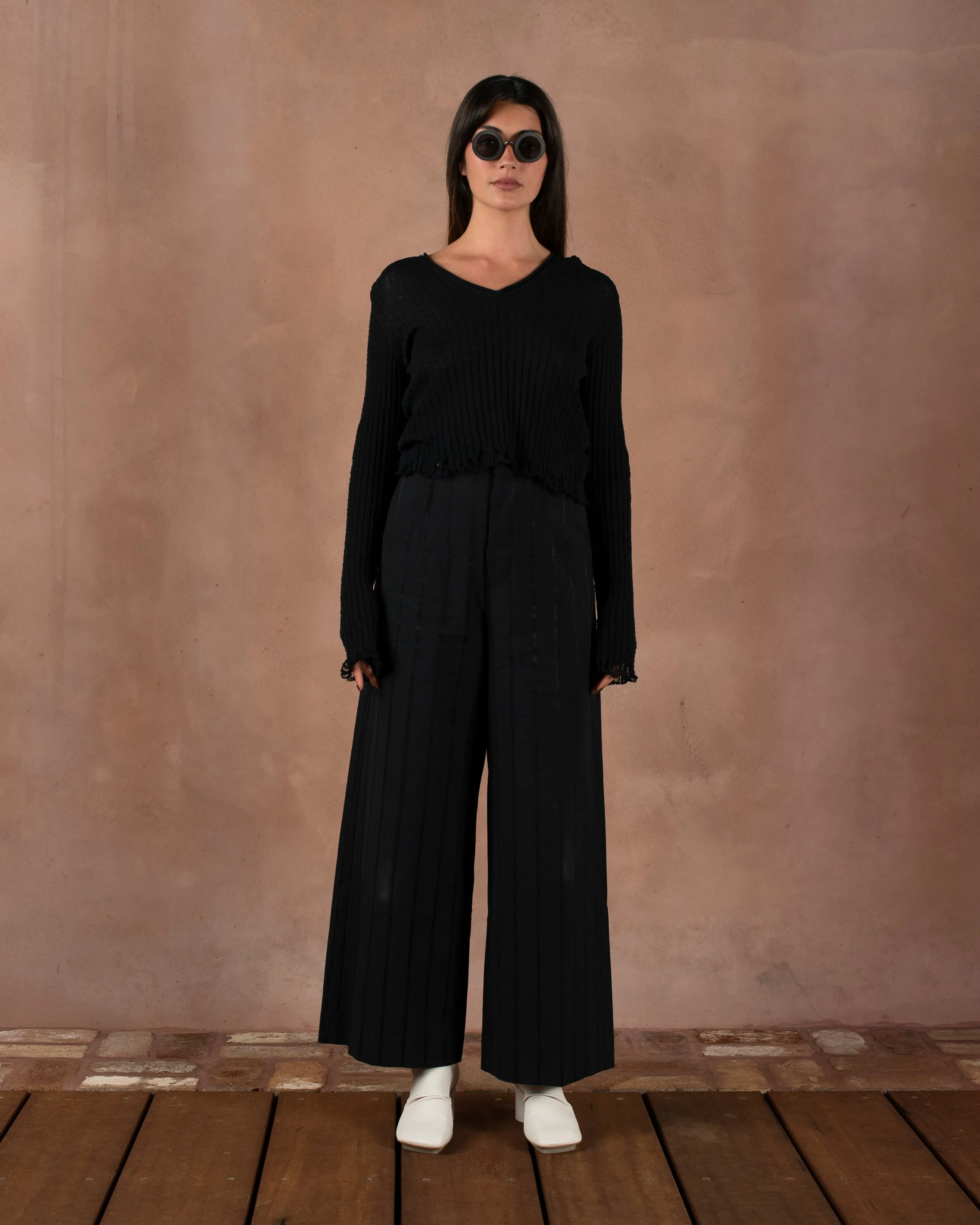 Frayed Crop Top Cotton Silk Black