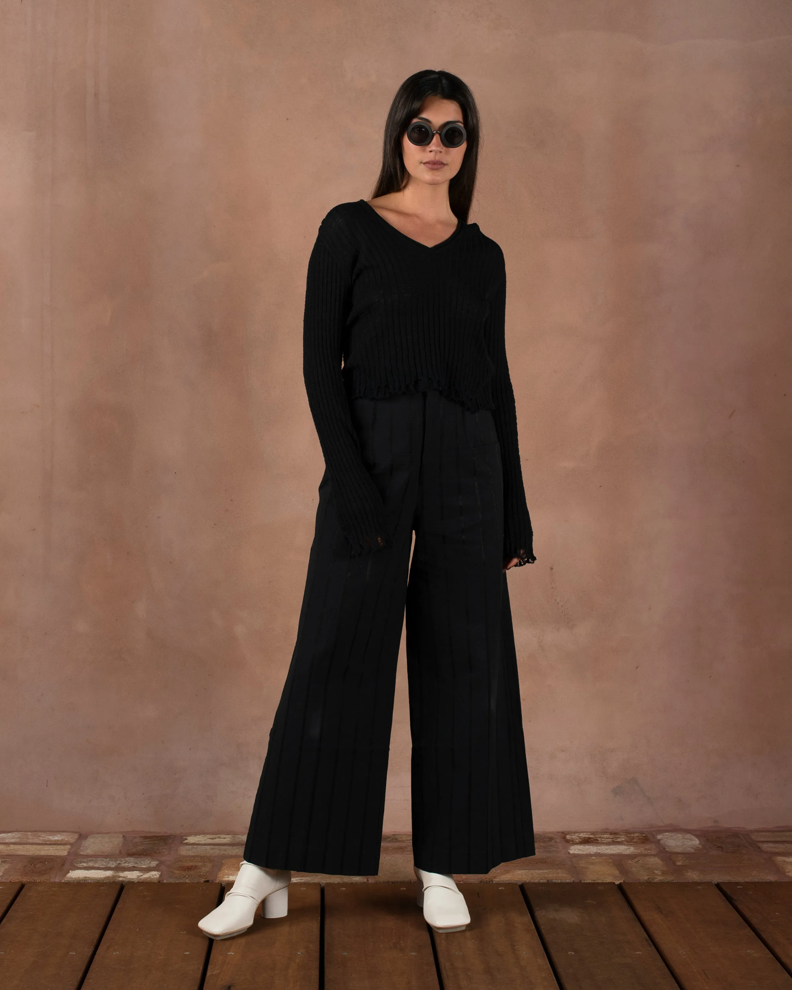 Frayed Crop Top Cotton Silk Black