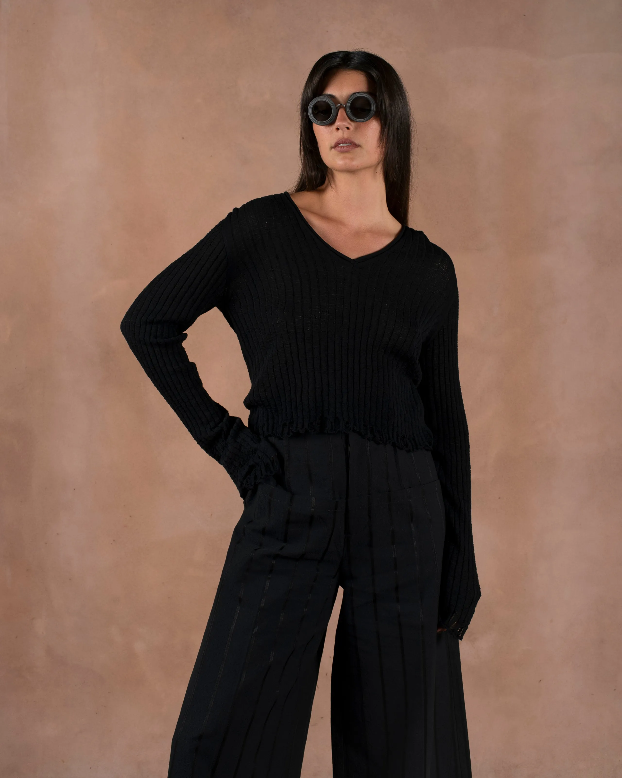 Frayed Crop Top Cotton Silk Black
