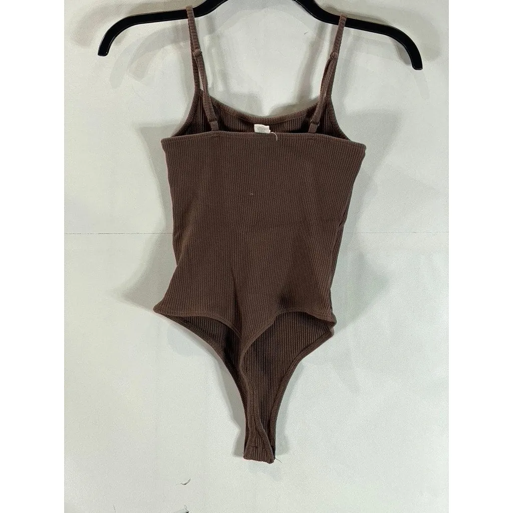 FULL TILT Women's Brown Ribbed Scoopneck Adjustable Strap Thong Bodysuit SZ M