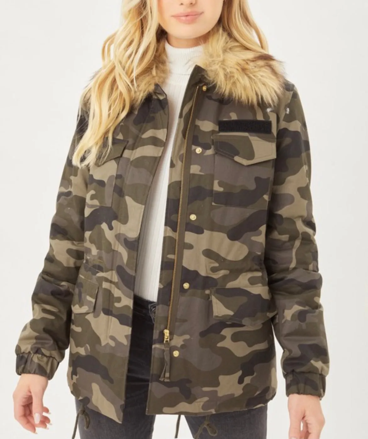 Green Camo Jacket with Fur Collar