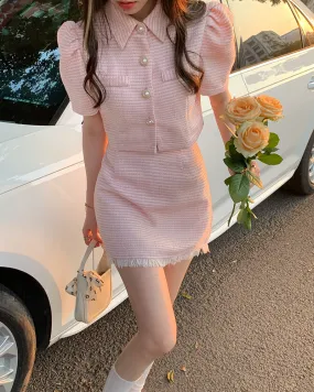 Harajuku Kawaii Fashion Korean Wonyoung Baby Pink Tweed Skirt Suit