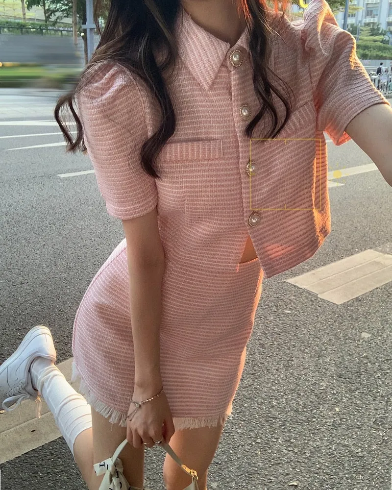 Harajuku Kawaii Fashion Korean Wonyoung Baby Pink Tweed Skirt Suit