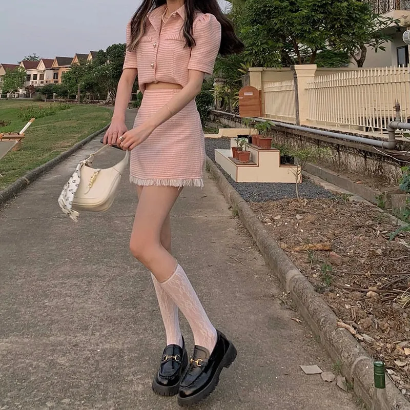 Harajuku Kawaii Fashion Korean Wonyoung Baby Pink Tweed Skirt Suit