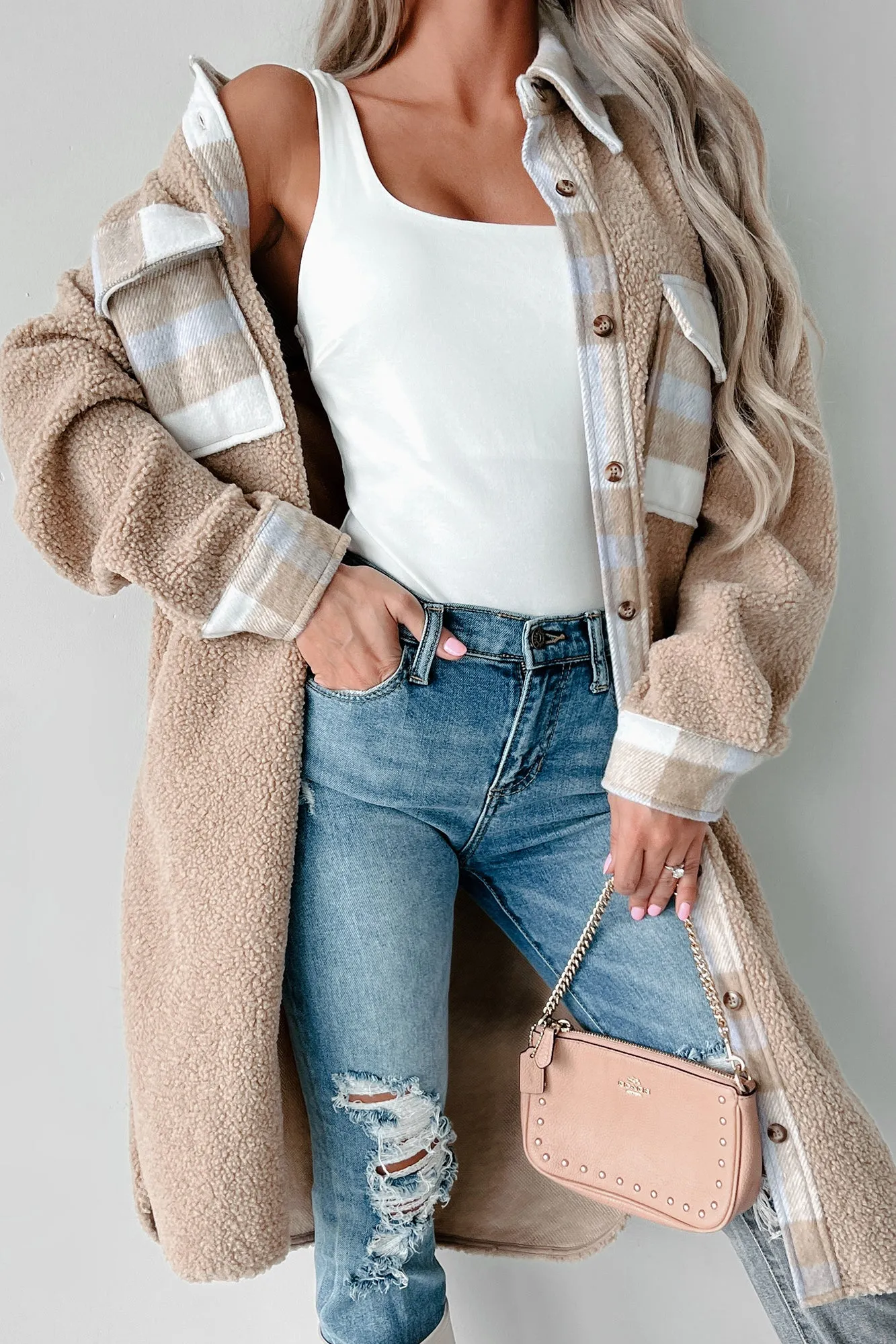 Harvest Cheer Teddy & Plaid Long Shacket (Camel)
