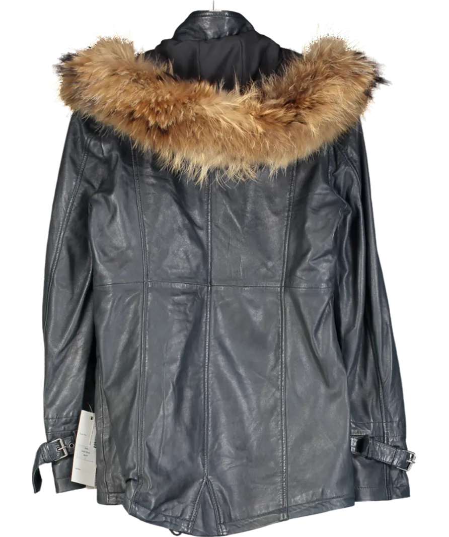 Infinity Leather Blue Warm Leather Hooded Parka Jacket UK S