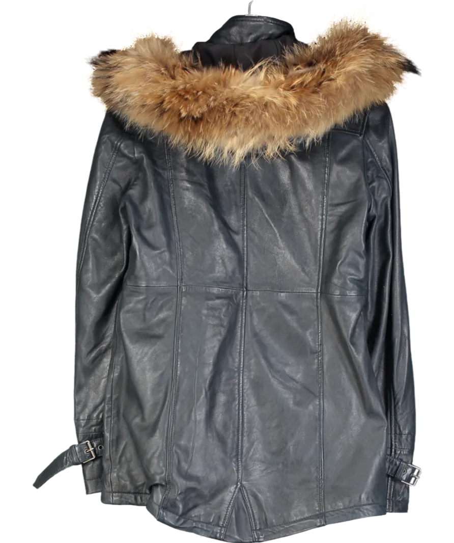 Infinity Leather Blue Warm Leather Hooded Parka Jacket UK S