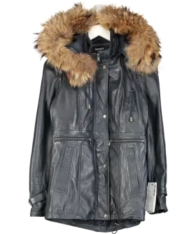 Infinity Leather Blue Warm Leather Hooded Parka Jacket UK S