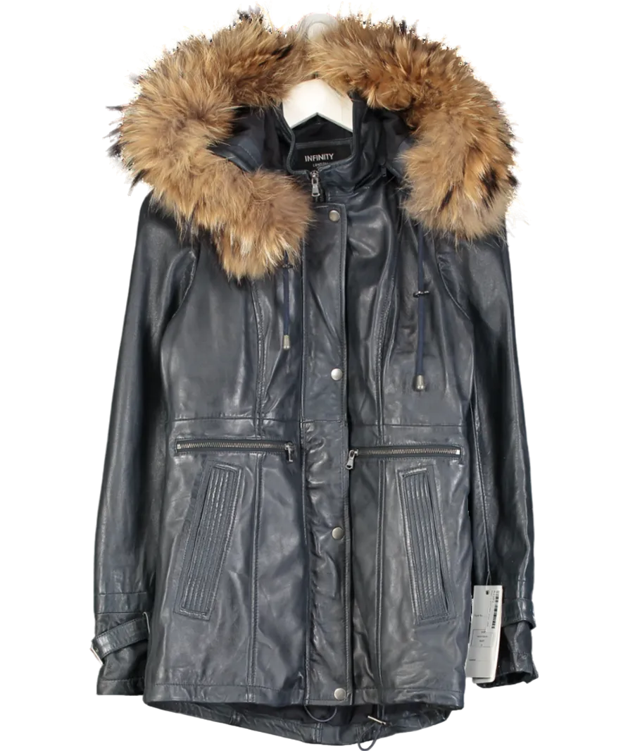 Infinity Leather Blue Warm Leather Hooded Parka Jacket UK S