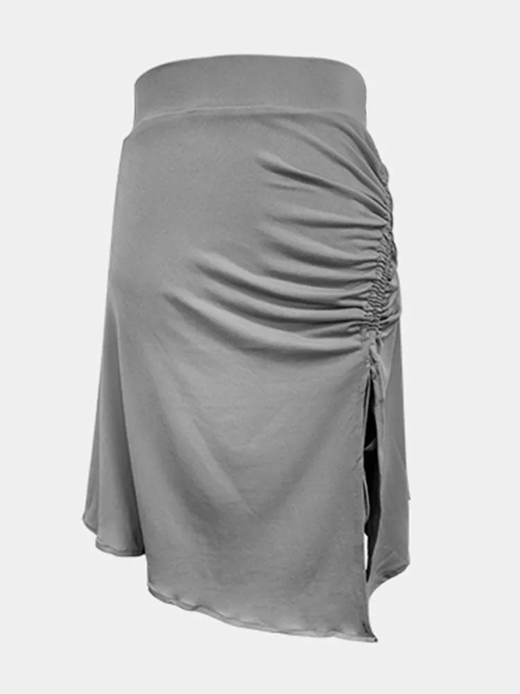 Irregular High Slit Pleated Drawstring Latin Dance Practice Skirt