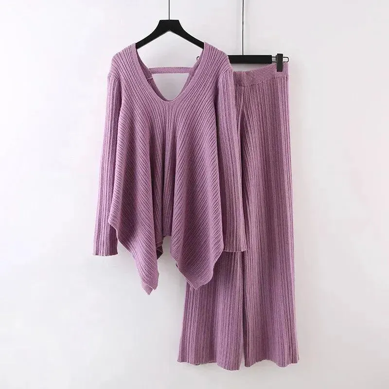 Irregular V-Neck Women Pants Sweater Set