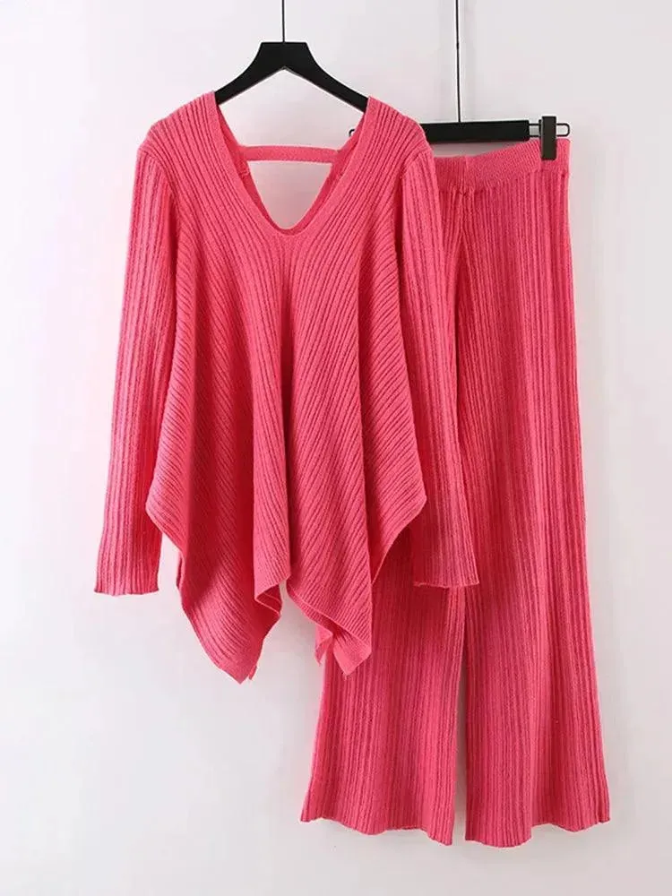 Irregular V-Neck Women Pants Sweater Set