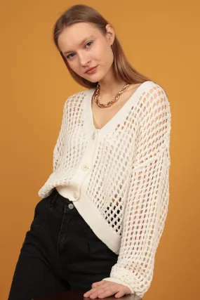 KKT Button Detail Women's Knitwear Cardigan-Ecru - Cleveland