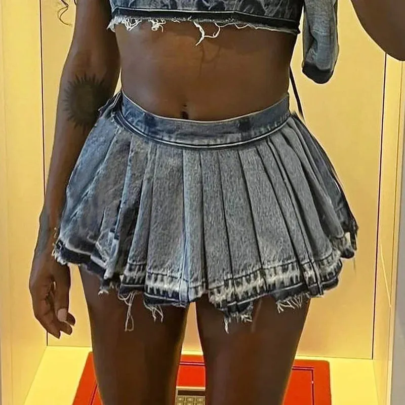 Lead You On Denim Pleated Skirt