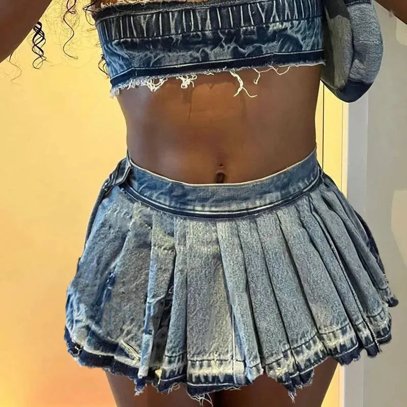 Lead You On Denim Pleated Skirt