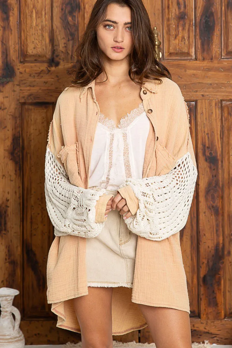 Lesley Dusty Peach Crochet Sleeve Shacket