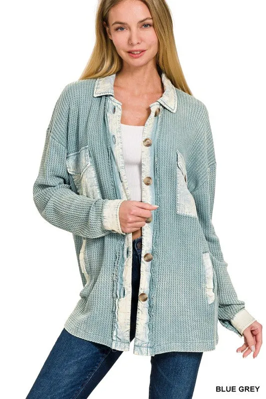 Live Colorfully Blue Grey Color Block Button Waffle Shirt