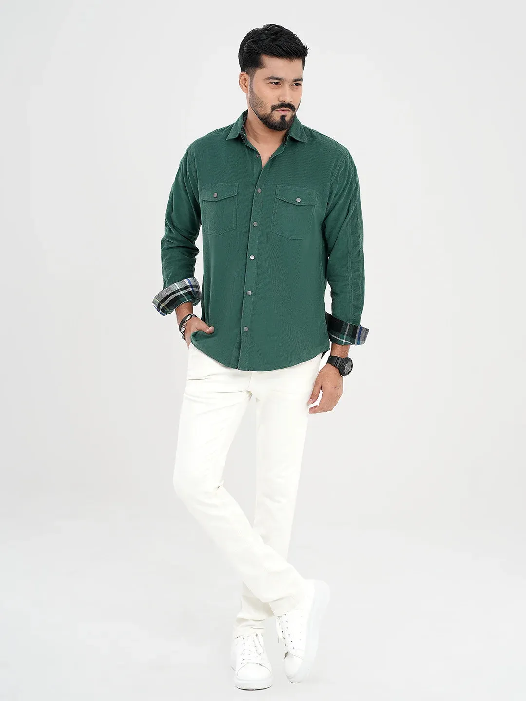 Men's Corduroy Casual Shirt in Teal Green