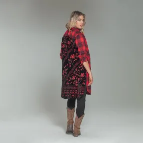 Mixed Media Plaid & Velvet Embroidery Back Shacket