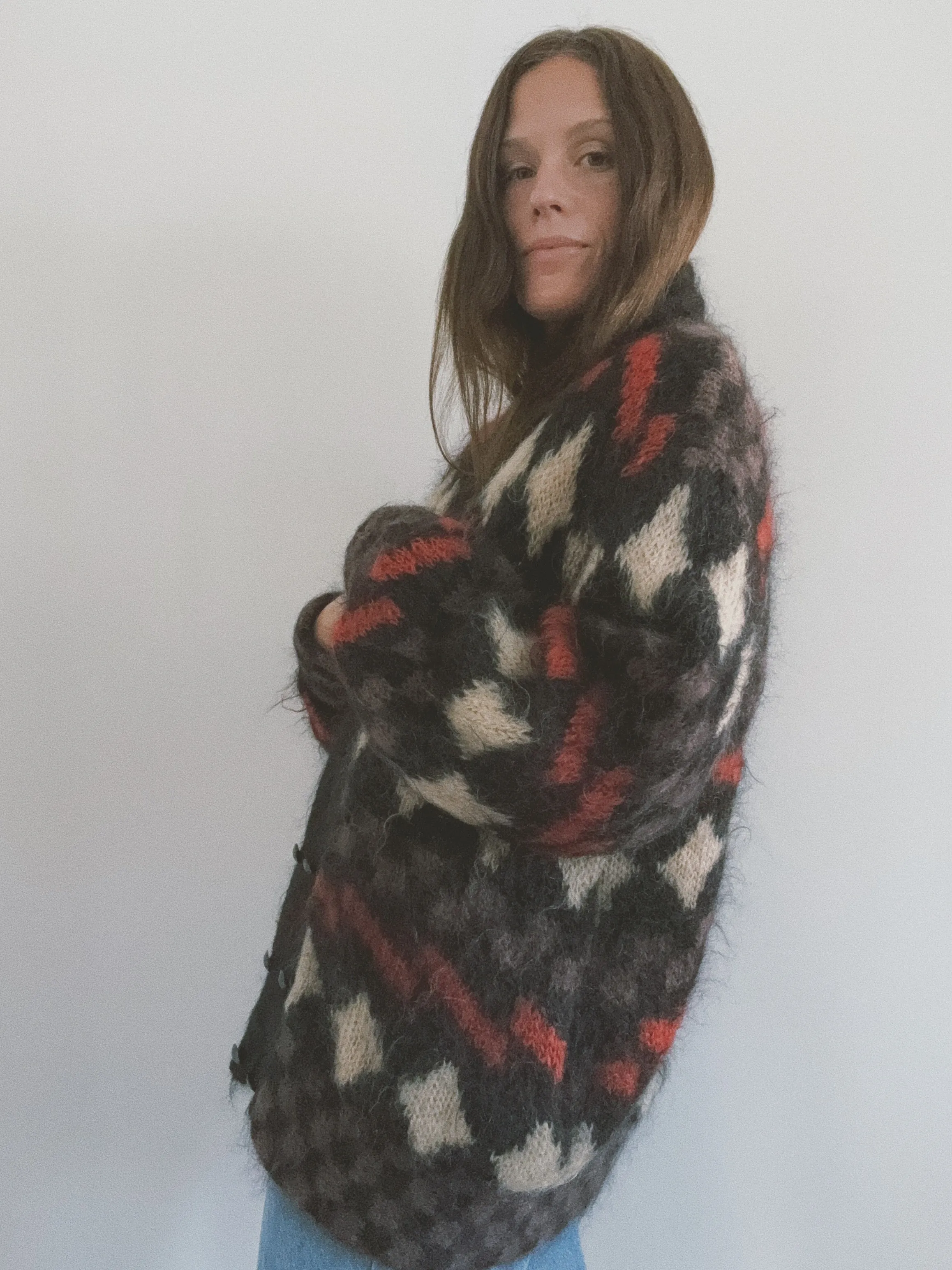 Mohair Sweater Coat, Multi Checkered