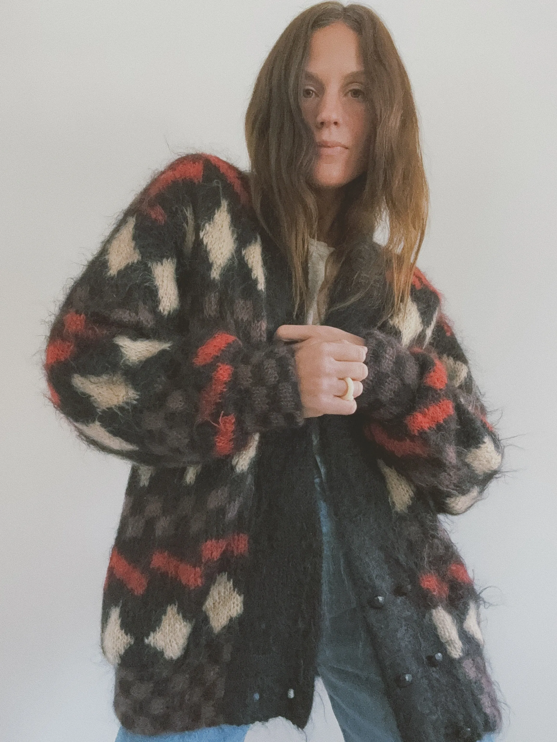 Mohair Sweater Coat, Multi Checkered