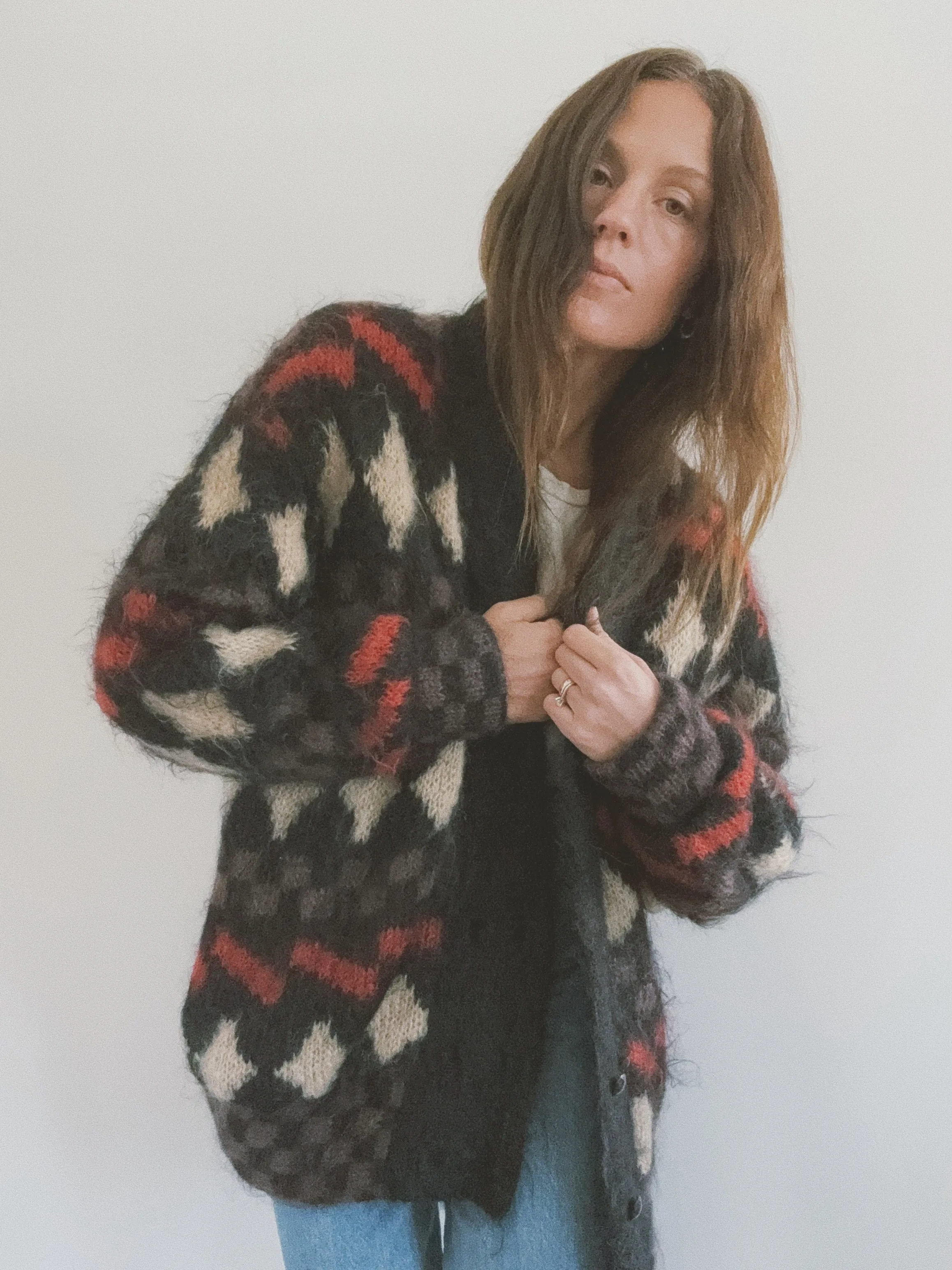 Mohair Sweater Coat, Multi Checkered