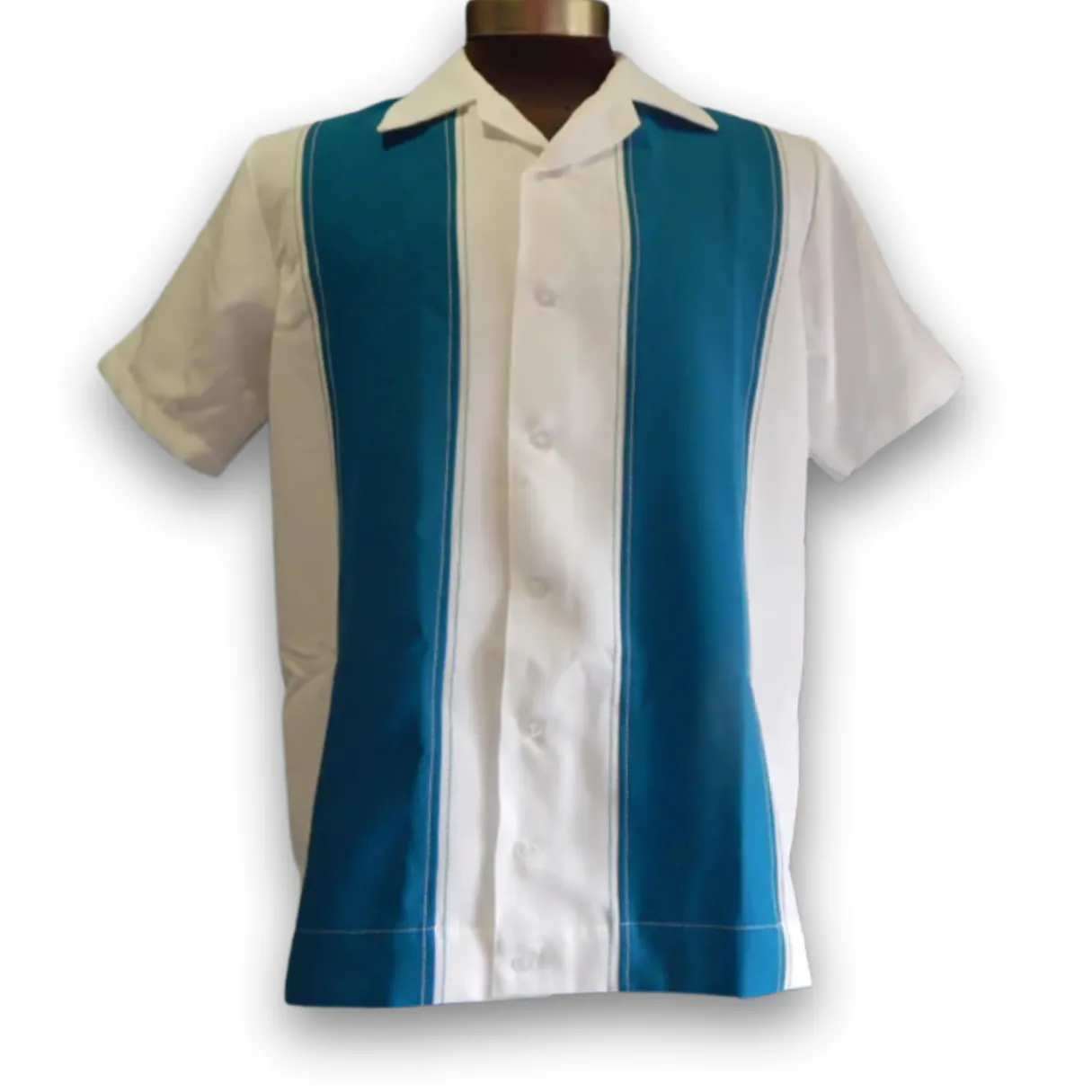 Nifty50's Bodgie Double Panel Men's Retro Bowling Shirts White/Teal