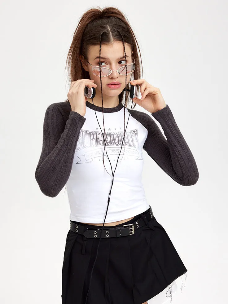 Nvuvu Knit Long Sleeve Patchwork Gradient Print T-Shirt