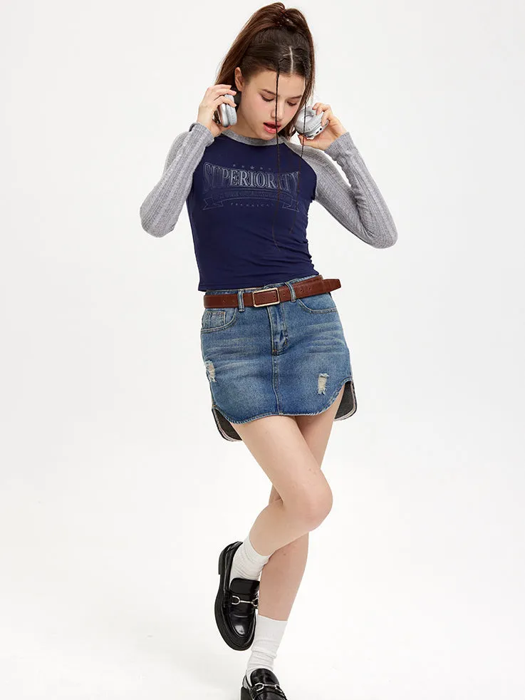 Nvuvu Knit Long Sleeve Patchwork Gradient Print T-Shirt