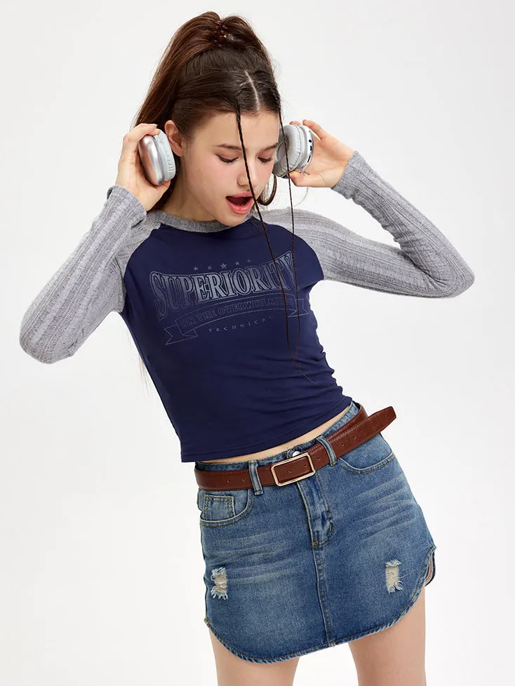 Nvuvu Knit Long Sleeve Patchwork Gradient Print T-Shirt