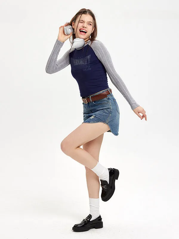 Nvuvu Knit Long Sleeve Patchwork Gradient Print T-Shirt