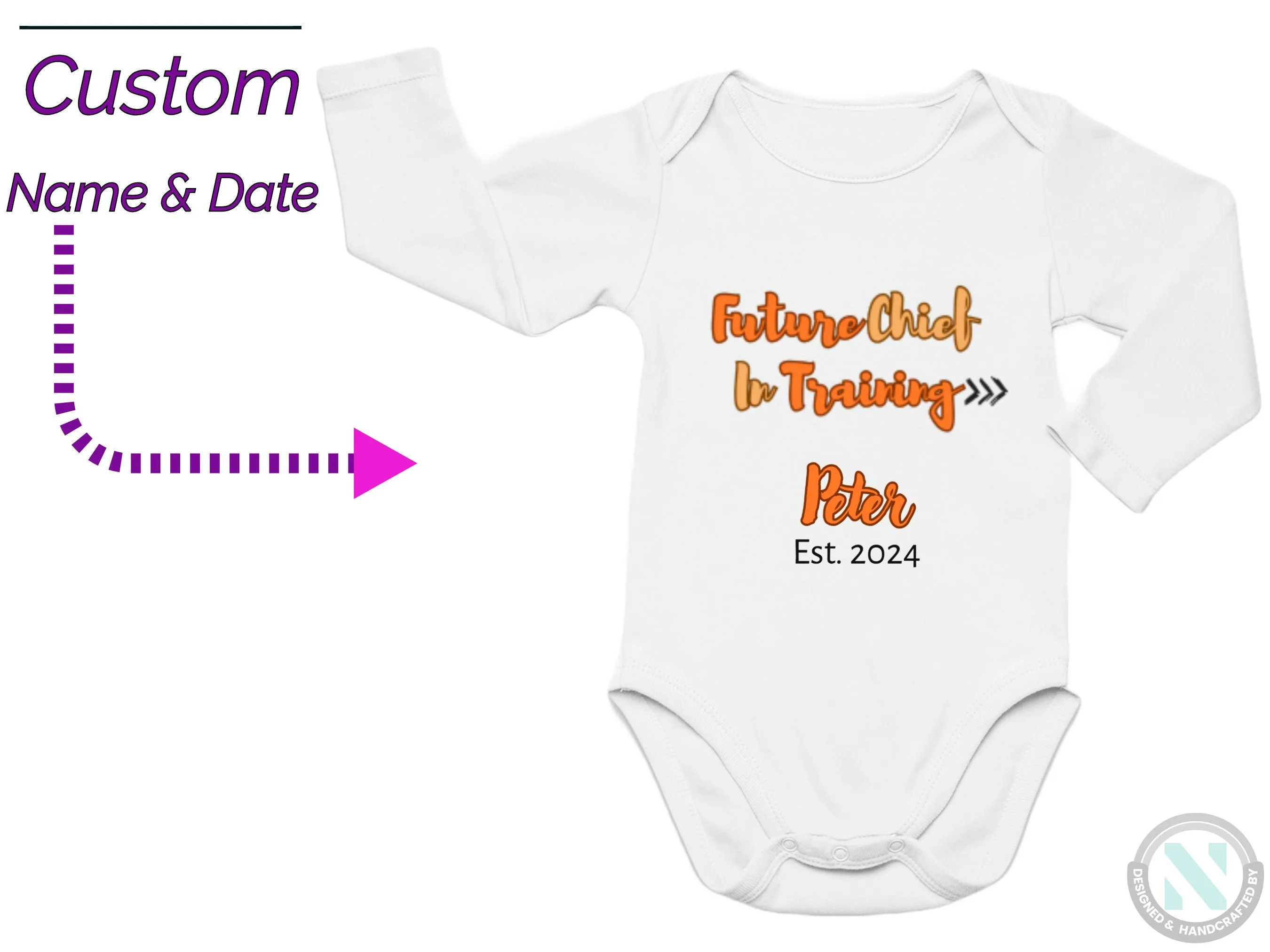 Personalized Name and Date Baby Bodysuit With Text Future Chief In Training