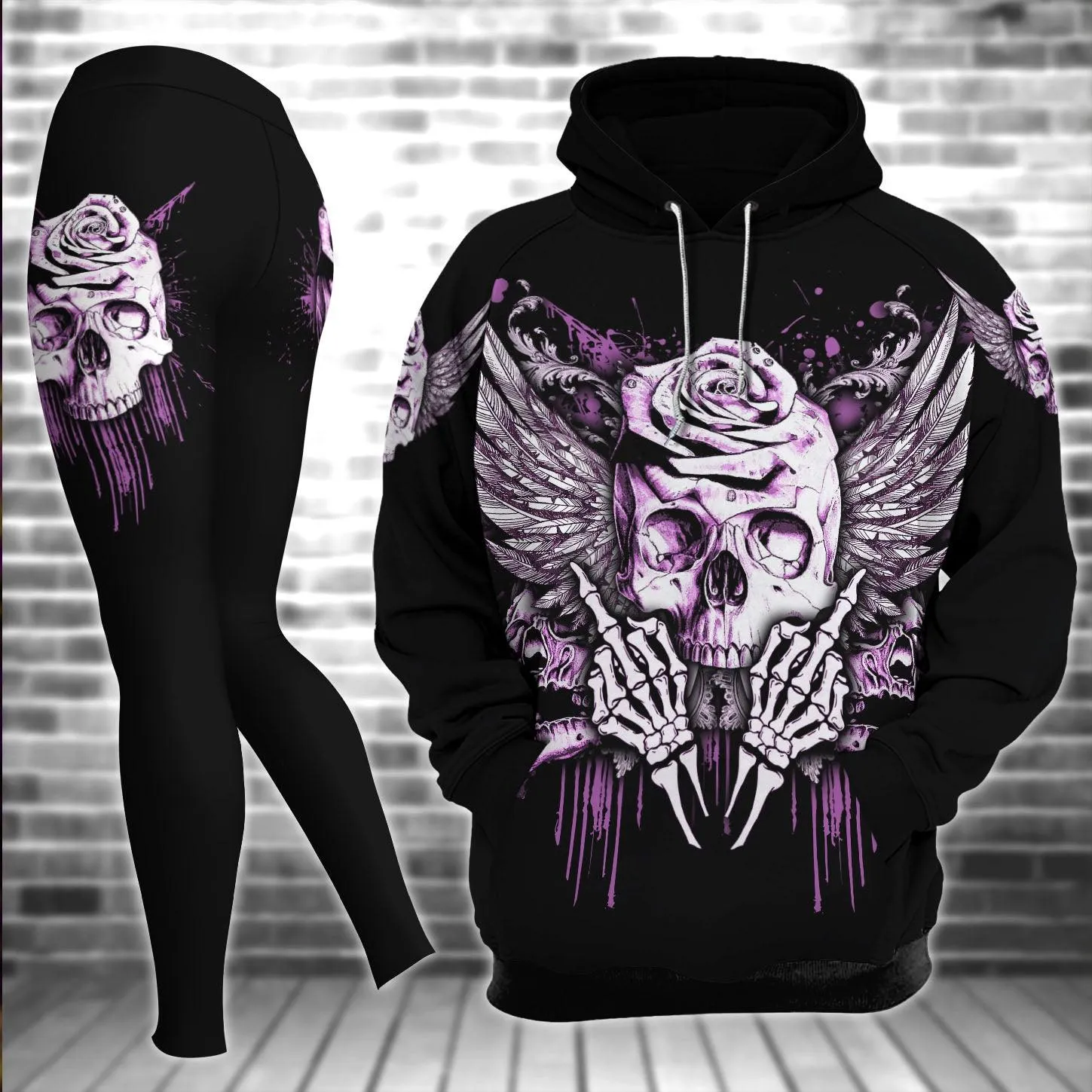 Pink Skull Gothic Artwork Combo Hoodie and Leggings