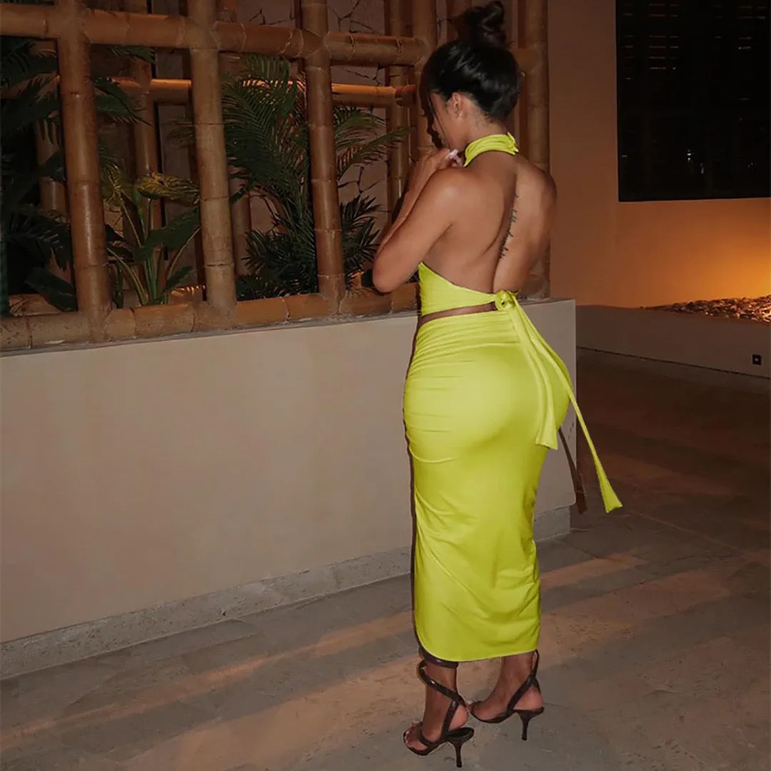 Pleated Sexy Backless Long Skirts Set