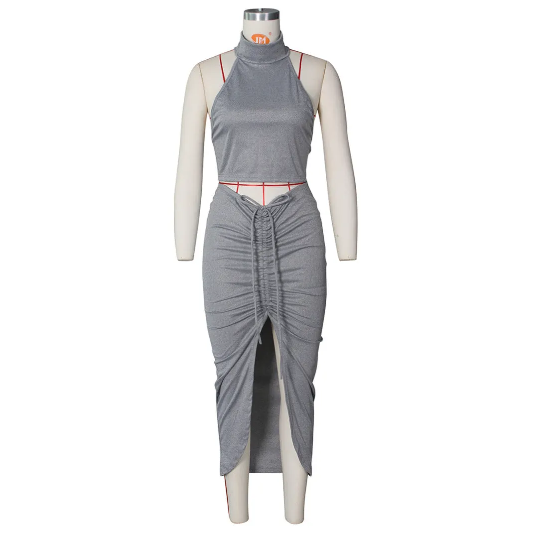 Pleated Sexy Backless Long Skirts Set