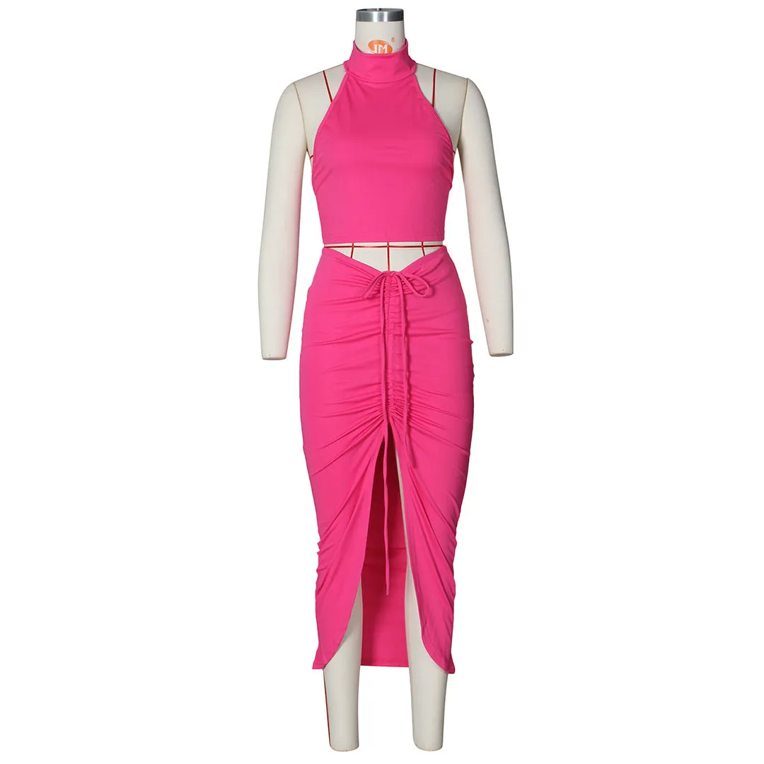 Pleated Sexy Backless Long Skirts Set