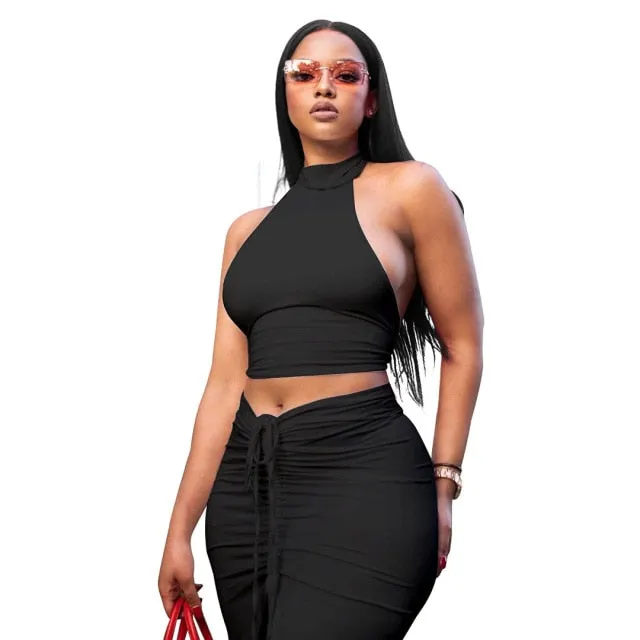 Pleated Sexy Backless Long Skirts Set