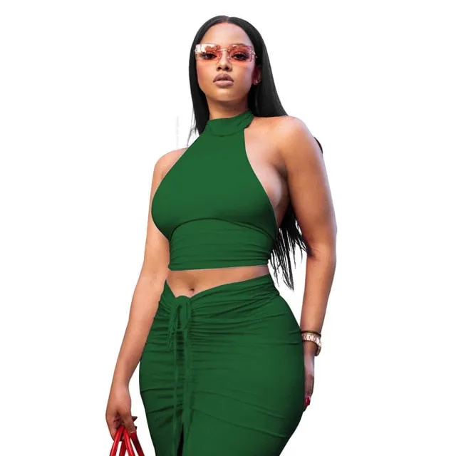 Pleated Sexy Backless Long Skirts Set