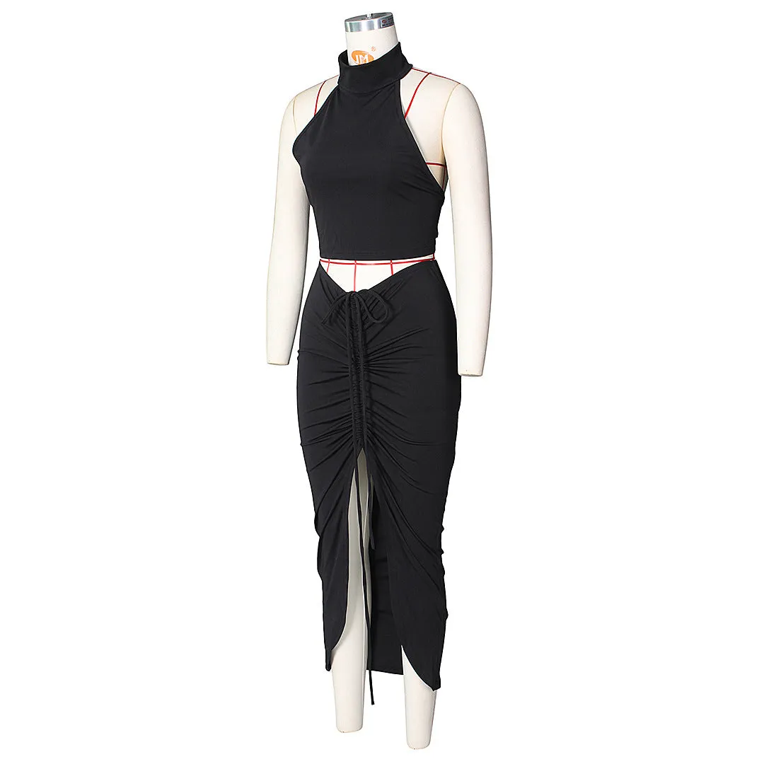 Pleated Sexy Backless Long Skirts Set
