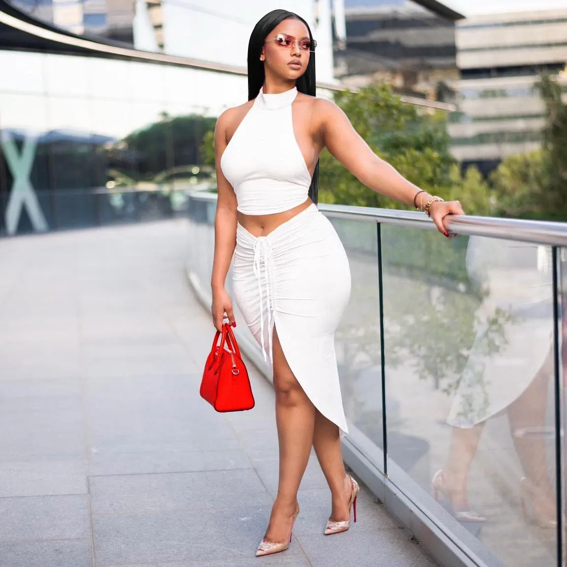 Pleated Sexy Backless Long Skirts Set