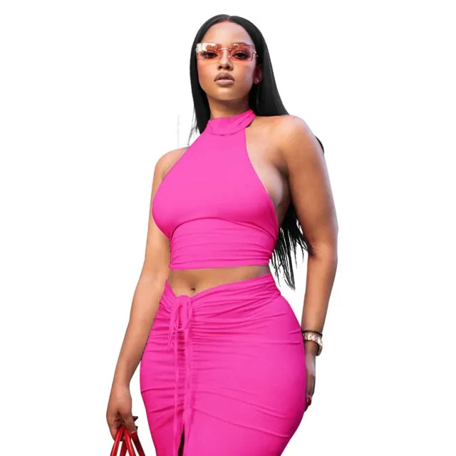 Pleated Sexy Backless Long Skirts Set