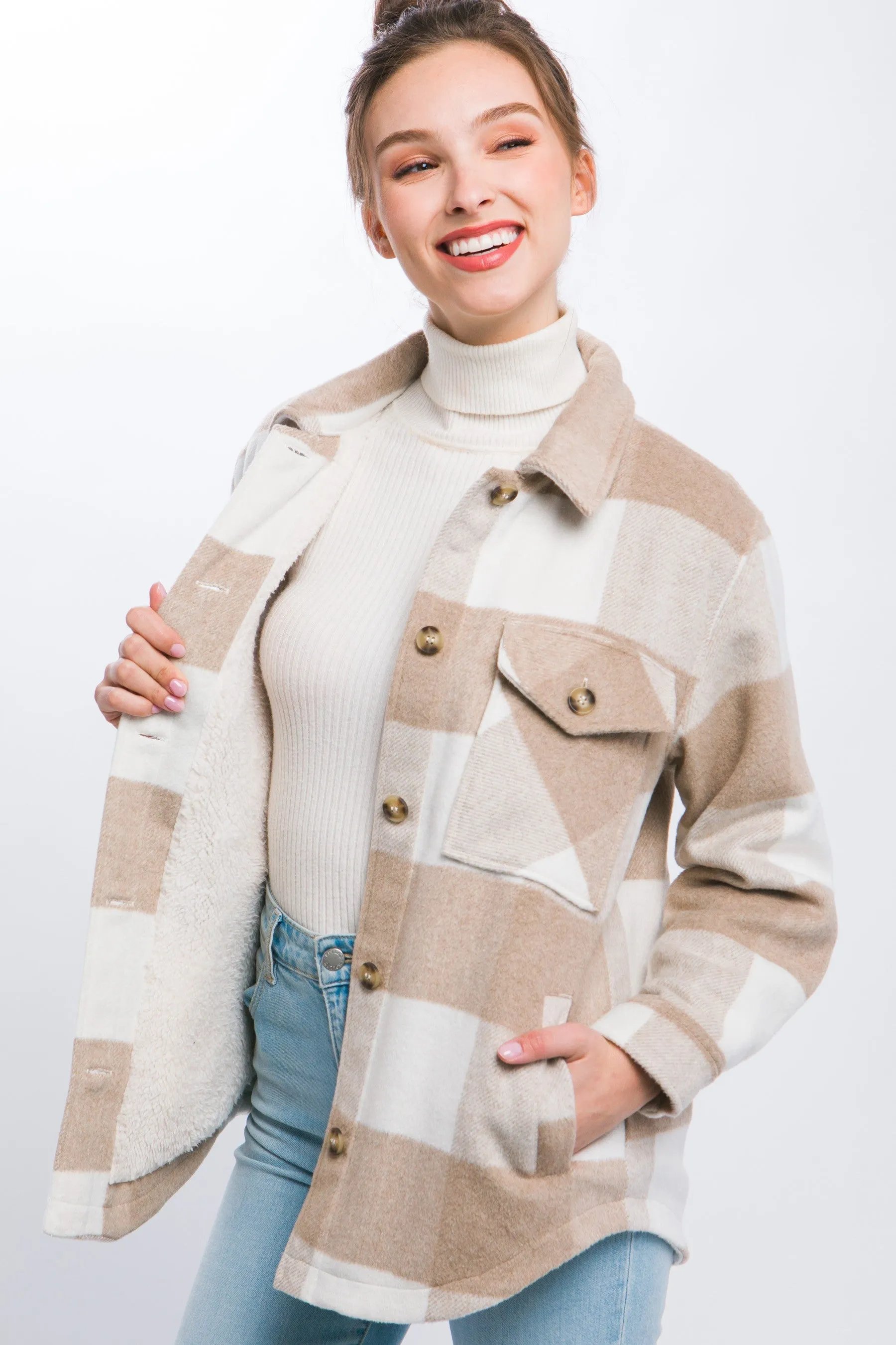 "November Stroll" Plaid Button Down Jacket w/ Faux Fur Inside