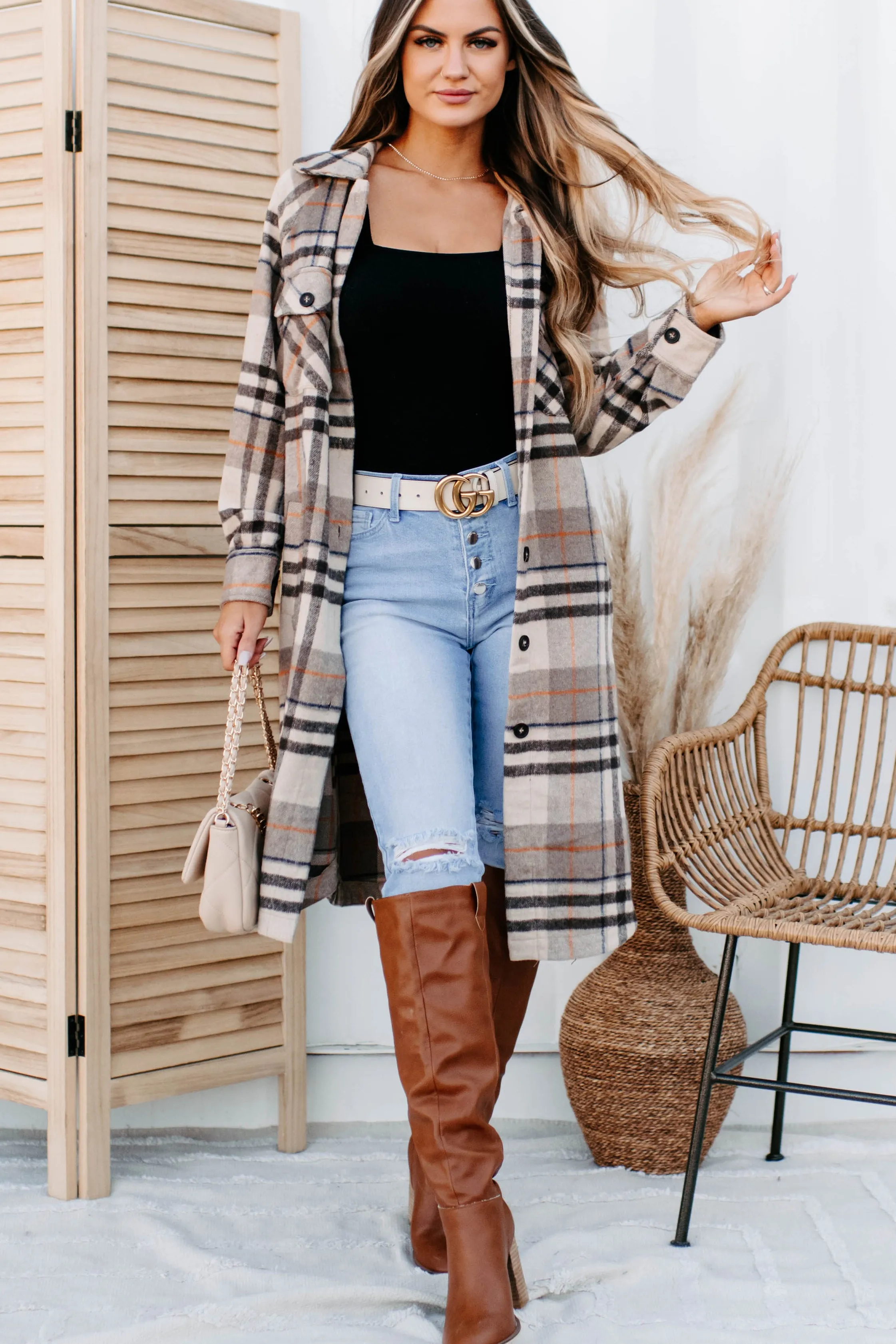 Room To Breathe Long Plaid Shacket (Brown)