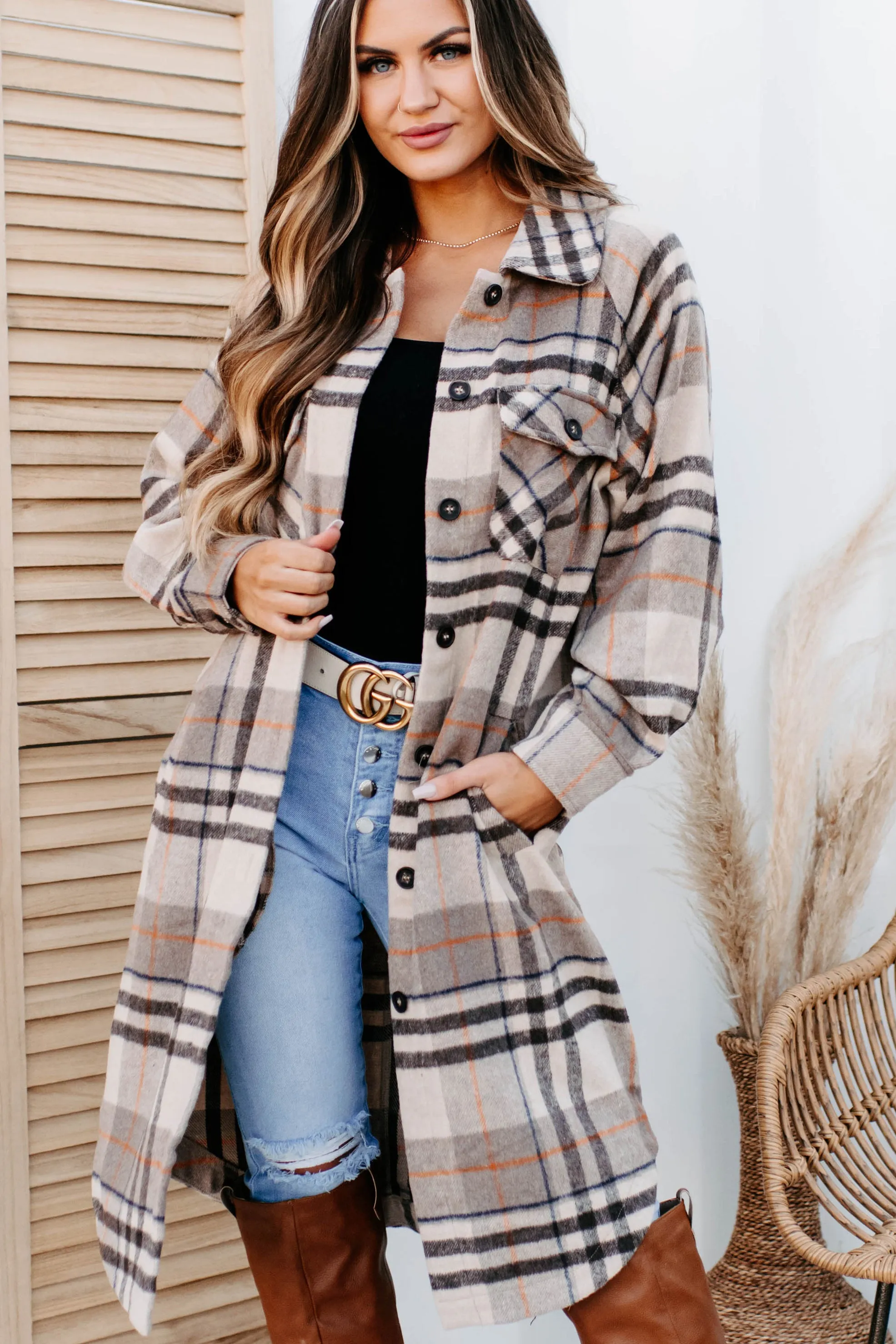 Room To Breathe Long Plaid Shacket (Brown)