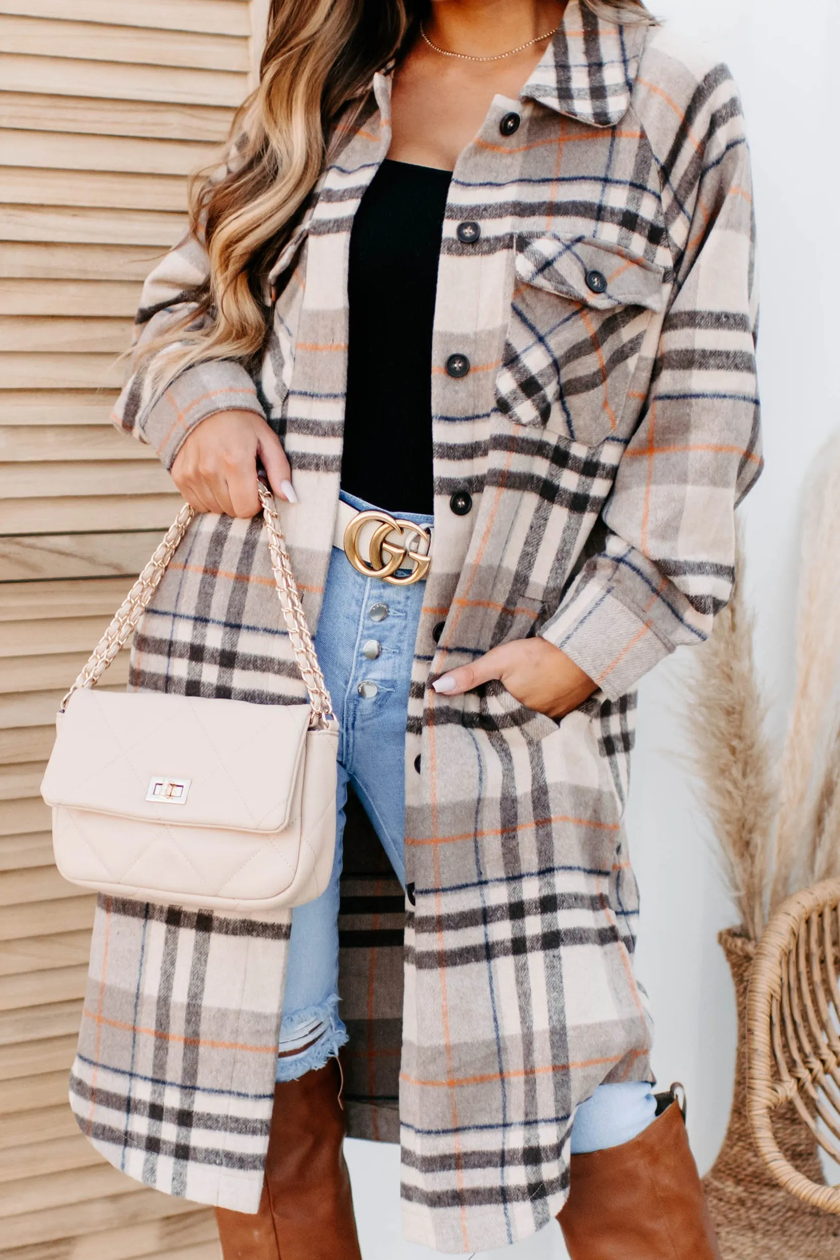 Room To Breathe Long Plaid Shacket (Brown)
